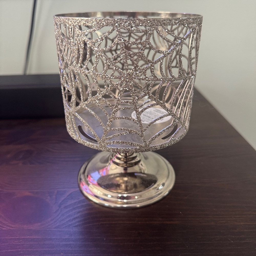 Bath and Body Works BBW Silver and Purple Glitter Spider Web Candle Holder - Picture 2 of 2